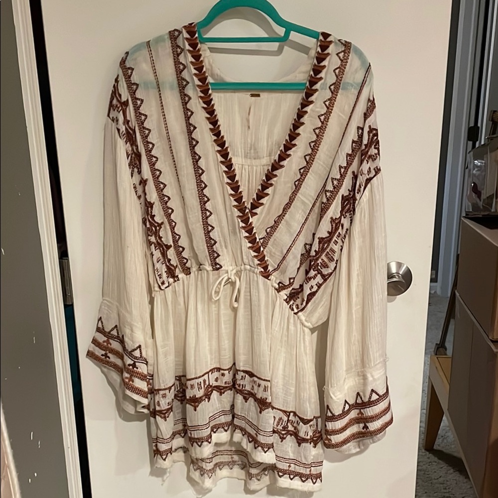Free People Cream and Brown Embroidered soft Tunic, hippie, boho.